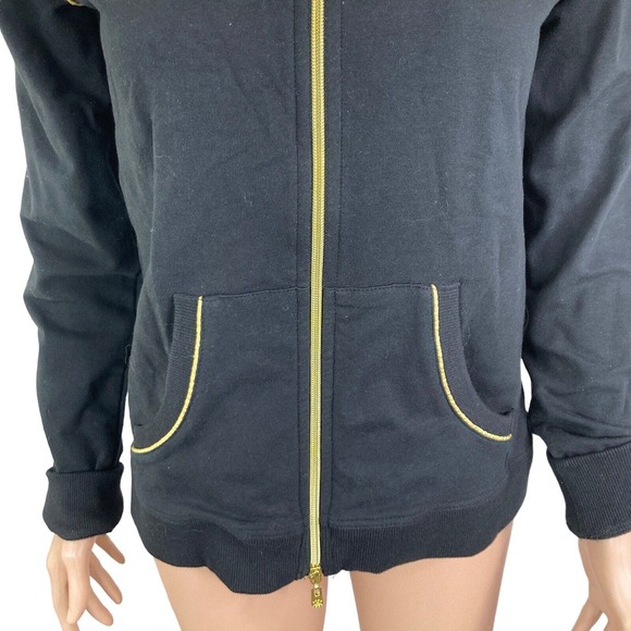 BCBGMaxazria Sweat Jacket Womens Large Black Gold Embroidered Spellout Full Zip - Picture 7 of 11